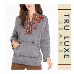 Tru Luxe Jeans Gray Boho Embroidered Henley Top with Kangaroo Pocket Size XL